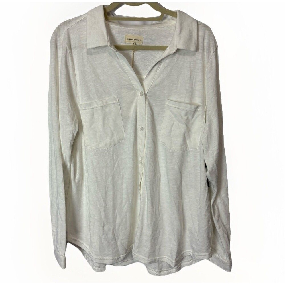NWT Thread & Supply Womens 1X White Button Down Stretch